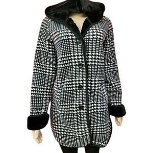 Ike Behar Hooded Houndstooth Coat Black White plush faux Fur lining Size S